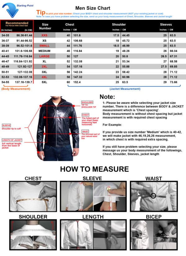 Leather Jacket/Coat Size Chart