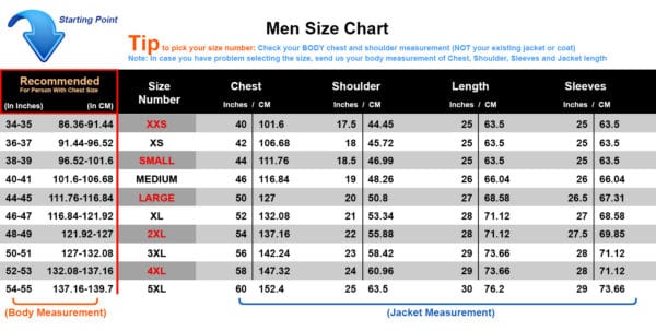 Leather Jacket/Coat Size Chart