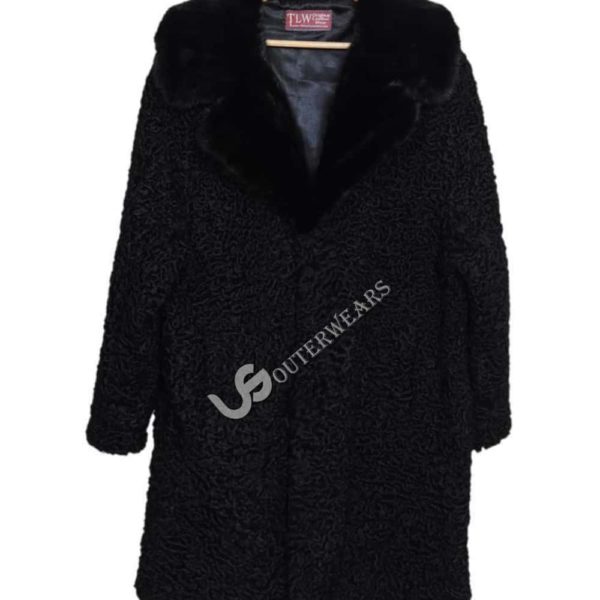 Persian Lamb Coat Astrakan karakul black coat with real mink fur collar